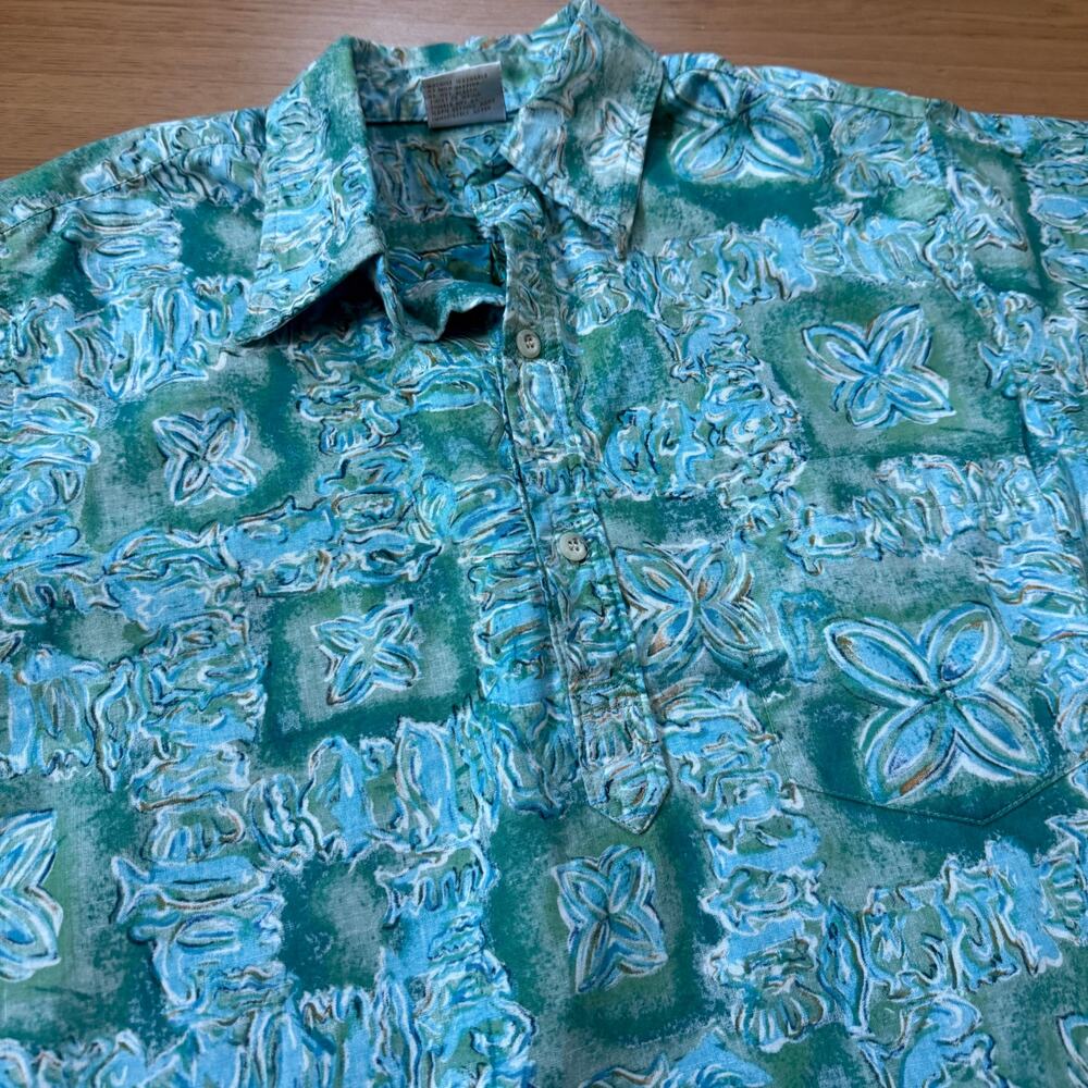 Vintage 90's Go Barefoot Trader Joes Uniform Blue Hawaiian Floral Polo Shirt L - Picture 6 of 9
